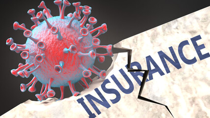 Covid virus destroying insurance - big corona virus breaking a solid, sturdy and established insurance structure, to symbolize problems and chaos caused by covid pandemic, 3d illustration