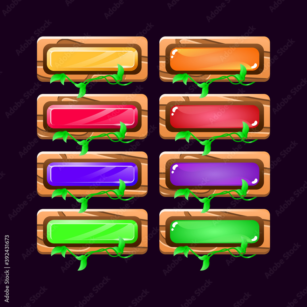 Aufkleber set of game ui wooden nature colorfull button for gui asset elements vector illustration