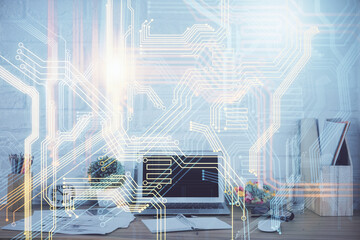 Double exposure of desktop with computer and world map hologram. International data network concept.