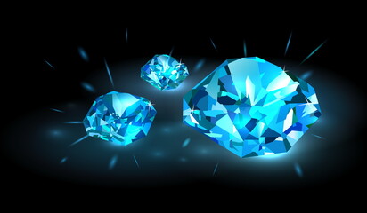 Fototapeta premium Three beautiful bright blue diamonds on a black background. Vector illustration.