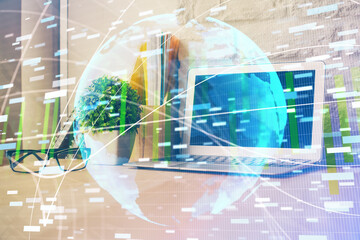 Multi exposure of business theme icons and work space with computer background. Concept of success.