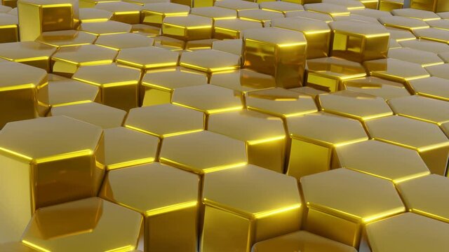 Gold hexagon 3d motion graphics background,  Hexagonal golden wall moving in loop. Honeycomb Looped Seamless 3D Animation.