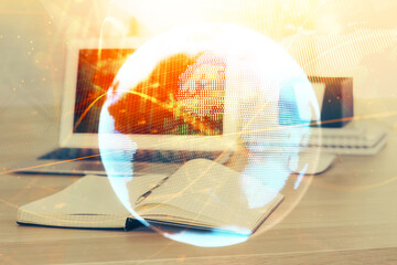Multi exposure of business theme icons and work space with computer background. Concept of success.