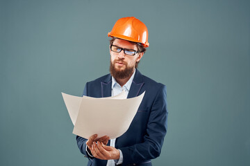 Emotional man in orange coloring drawings instruction manual construction work