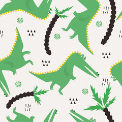 Crocodiles, palm trees, hand drawn backdrop. Colorful seamless pattern with animals. Decorative cute wallpaper, good for printing. Overlapping background vector. Design illustration, reptiles