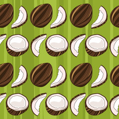 Exotic fruits, hand drawn overlapping background. Colorful tropical wallpaper vector. Seamless pattern with coconuts. Decorative colored illustration, good for printing - 392435666