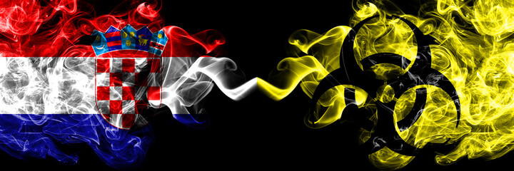 Croatia, Croatian vs Biohazard, Virus, Covid smoky mystic flags placed side by side. Thick colored silky abstract smoke flags.
