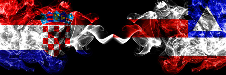 Croatia, Croatian vs Brazil, Brazilian, Bahia smoky mystic flags placed side by side. Thick colored silky abstract smoke flags.