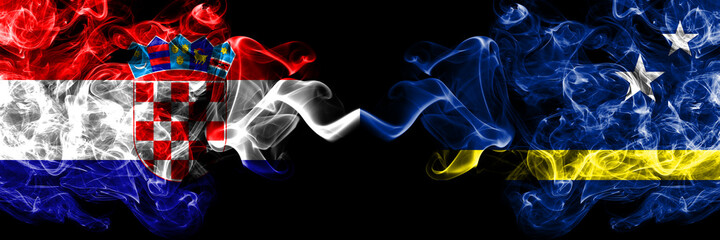 Croatia, Croatian vs Netherlands, Dutch, Holland, Curacao smoky mystic flags placed side by side. Thick colored silky abstract smoke flags.