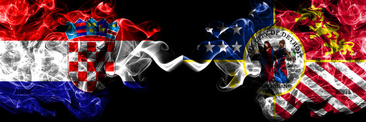 Croatia, Croatian vs United States of America, America, US, USA, American, Detroit, Michigan smoky mystic flags placed side by side. Thick colored silky abstract smoke flags.
