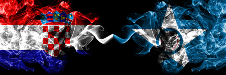 Croatia, Croatian vs United States of America, America, US, USA, American, Houston, Texas smoky mystic flags placed side by side. Thick colored silky abstract smoke flags.