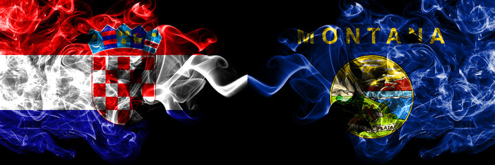Croatia, Croatian vs United States of America, America, US, USA, American, Montana smoky mystic flags placed side by side. Thick colored silky abstract smoke flags.