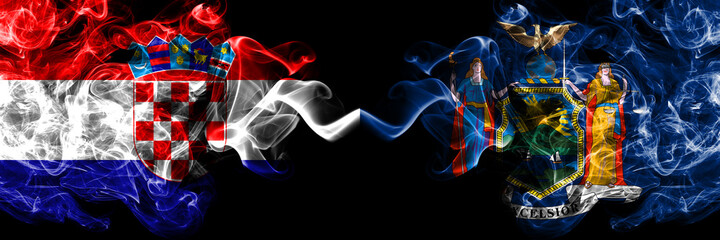 Croatia, Croatian vs United States of America, America, US, USA, American, New York  smoky mystic flags placed side by side. Thick colored silky abstract smoke flags.