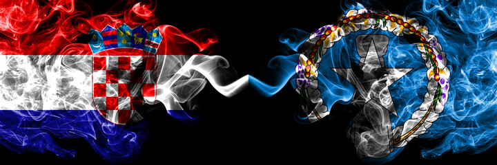 Croatia, Croatian vs United States of America, America, US, USA, American, Northern Mariana Islands smoky mystic flags placed side by side. Thick colored silky abstract smoke flags.