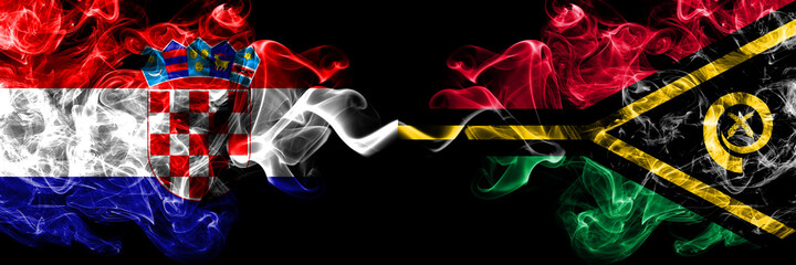 Croatia, Croatian vs Vanuatu smoky mystic flags placed side by side. Thick colored silky abstract smoke flags.