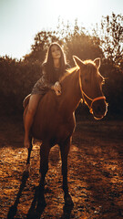 Fototapeta premium Chica joven andaluza ecuestre montando sobre caballo marron en un campo natural sin silla ni riendas en el sur de españa al atardecer feliz