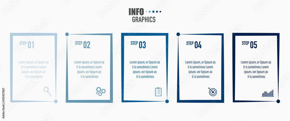 Aufkleber infographics design vector and business icons with 5 options in blue square design for presentation 