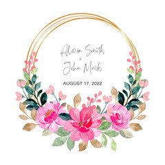 Pink floral watercolor wreath with golden frame