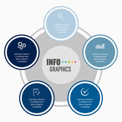 Infographics design vector and business icons with 5 options in blue circle design for presentation and web site