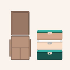 Food container. Food box for storing. Healthy food. Lunch box. Several food containers stacked isolated on beige background, Eco friendly concept. 