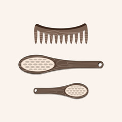 Set of wooden Eco-friendly brush with handle, hair brush isolated on beige background, Eco friendly concept. 