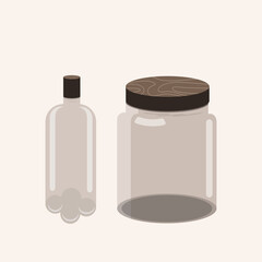Glass jars for storing food and water isolated on beige background, Eco friendly concept.