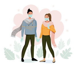 Couple with surgical face masks and  medical gloves for protective  Corona virus. Young Family outdoor on the street o public places. The concept of an epidemic disease. Vector illustration on white