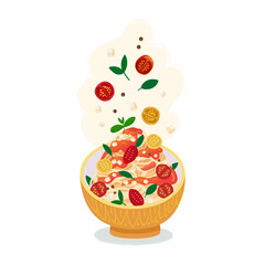 Pasta or spaghetti  dish isolated on white. Fettuccine pasta with tomato filling and cheese toppings in a folk deep yellow  in Mediterranean style. Flying food elements. Vector illustration.