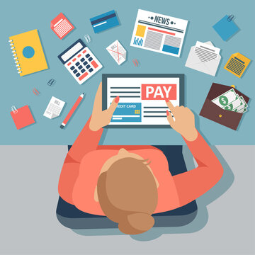 Vector of a businesswoman sitting at desk paying bills online using tablet compouter
