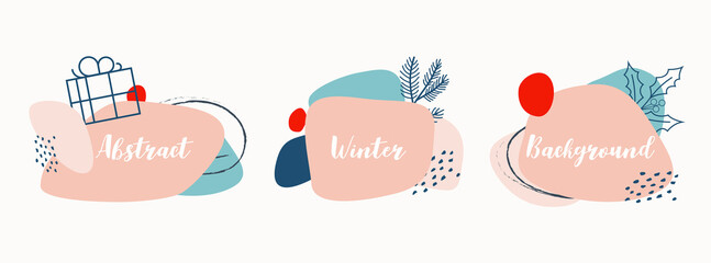 Abstract winter background set with christmas elements in trendy pink and blue pastel colors for banner of flyer or greeting card design. Vector illustration