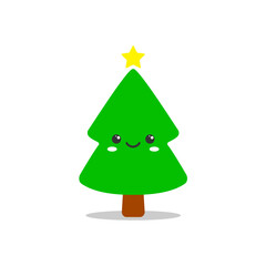 Christmas tree is smiling. Cute cartoon character. Kawaii drawing.  Vector illustration.
