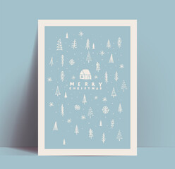 Christmas card or poster design template with white hand drawn elements such as pine and fir trees and small house and Merry Christmas lettering on blue background. Vintage styled vector illustration