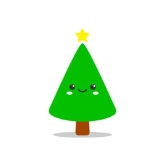 Christmas tree is smiling. Cute cartoon character. Kawaii drawing.  Vector illustration.