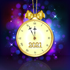 Fototapeta na wymiar 2021 New year purple background with vintage clock and golden bow. Vector 