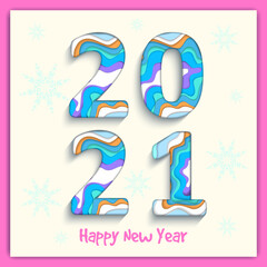 2021 Happy New Year holiday holiday greeting card. Snowflakes pattern on white winter background. Vector paper cut 