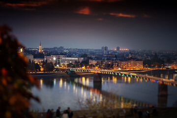 Obraz na płótnie Canvas Beautiful city night landscape, view of the Danube city Novi Sad tilt shift effect