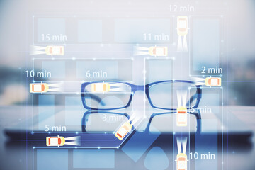 Automobile theme hologram with glasses on the table background. Autopilot concept. Double exposure.