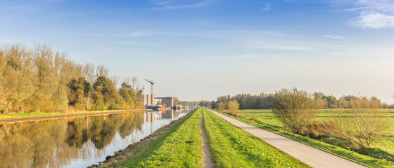 Panorama of the dike along the Winschoterdiep canal in Groningen, Netherlands