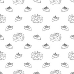 Seamless Thanksgiving pattern with hand drawn pumpkins pie slices in black and white graphic style. Creative holiday fall background for product surface design, fabric, tissue paper
