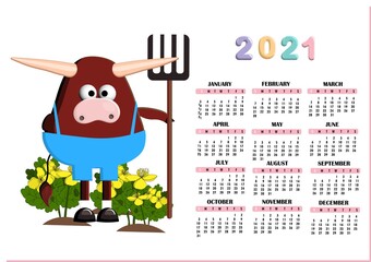 Trend calendar for 2021. Year of the bull or ox. Cute baby bull character. Vertical calendar page