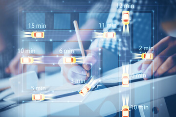 Close up of human hands background and autonomous self drive pilot vehicle concept. Multi exposure.