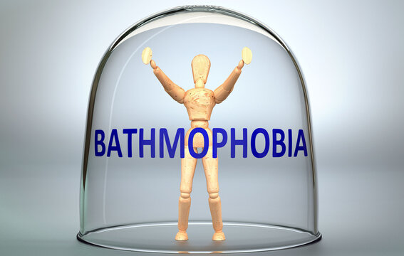 Bathmophobia can separate a person from the world and lock in an isolation that limits - pictured as a human figure locked inside a glass with a phrase Bathmophobia, 3d illustration