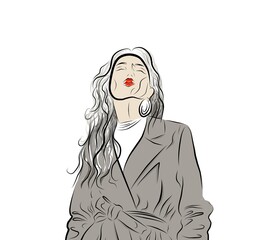 Creative illustration of a young woman. A young girl. Lady in a coat. Nice girl in a fashionable jacket. Fashionable hand-drawn illustration