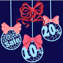 Winter discount. balls or circles with bows. Vector illustration of sale badge for banner, sticker, flyer with color bow, card, web element. Isolated illustration on color background