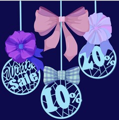 Winter discount. balls or circles with bows. Vector illustration of sale badge for banner, sticker, flyer with color bow, card, web element. Isolated illustration on color background