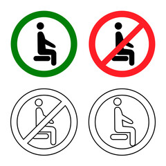 Distancing sitting. Sit here, please. Do not sit here. Forbidden icon for seat. Prohibition sign. Lockdown rule. Keep your distance when you are sitting. Man on the chair. Vector