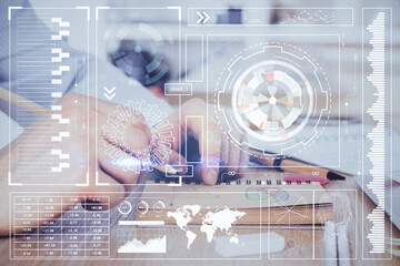 Writing human hands with data theme multi exposure icons.