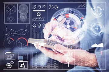 Writing human hands with tech theme multi exposure icons.