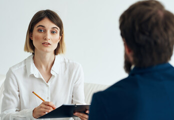 woman and man suit documents communication people resume