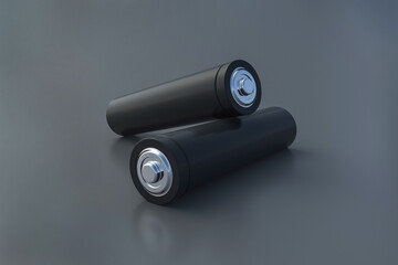 Two black blank batteries aa or aaa size on gray background. Concept of alternative fuel and saving ecology. 3d rendering